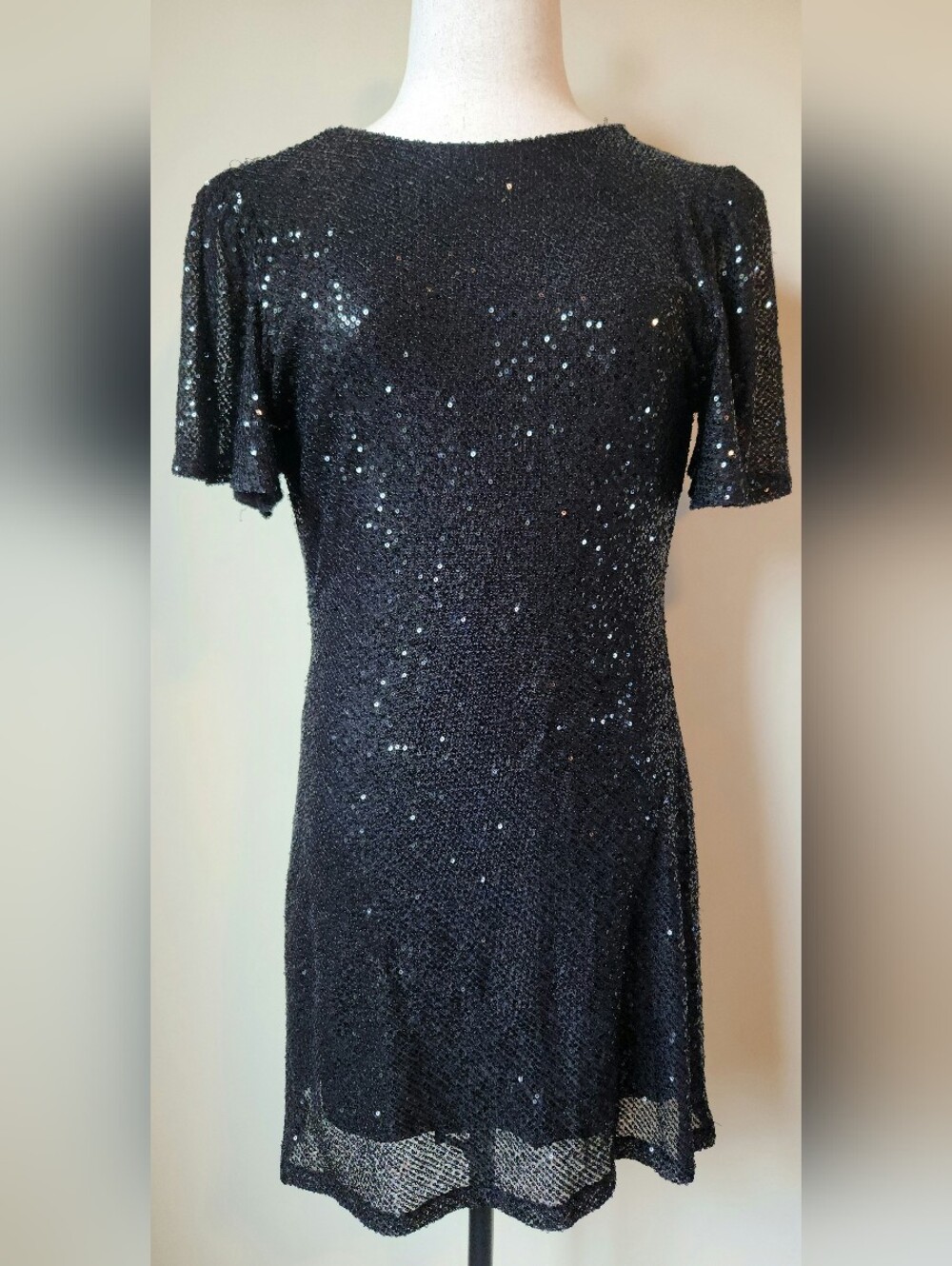 ASTR the Label Black Sequin Flutter Sleeve Draped Cowl Back Mini Party Dress XL
